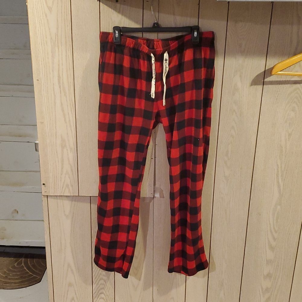 Columbia Pajama Men L Knit Top Fleece Pants Pockets Buffalo Red Plaid